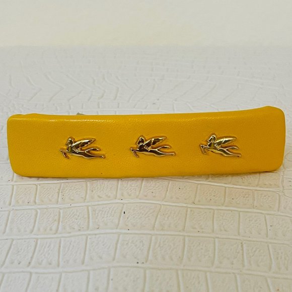 ETRO Milano Made in ITALY Yellow Leather HAIR CLIP Gold Plated PEGASUS 4"x1" NEW - Picture 2 of 6
